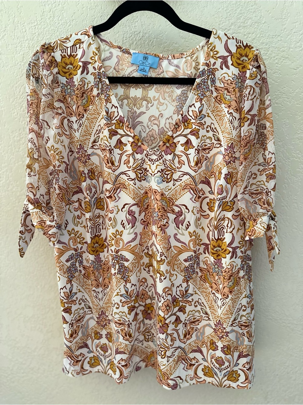 CeCe White Paisley Floral V-Neck Blouse with Mustard and Dusty Rose